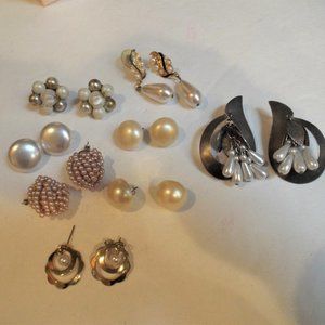 Vintage 7 Pearl Earring Lot Dangles Posts pierced clips Grandmas Costume Jewelry